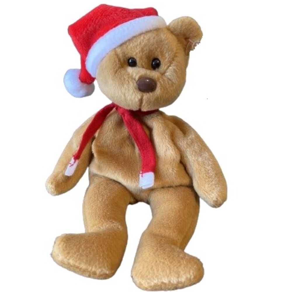 1997 Teddy TY Beanie Baby Brown Bear Red Santa Hat & Scarf